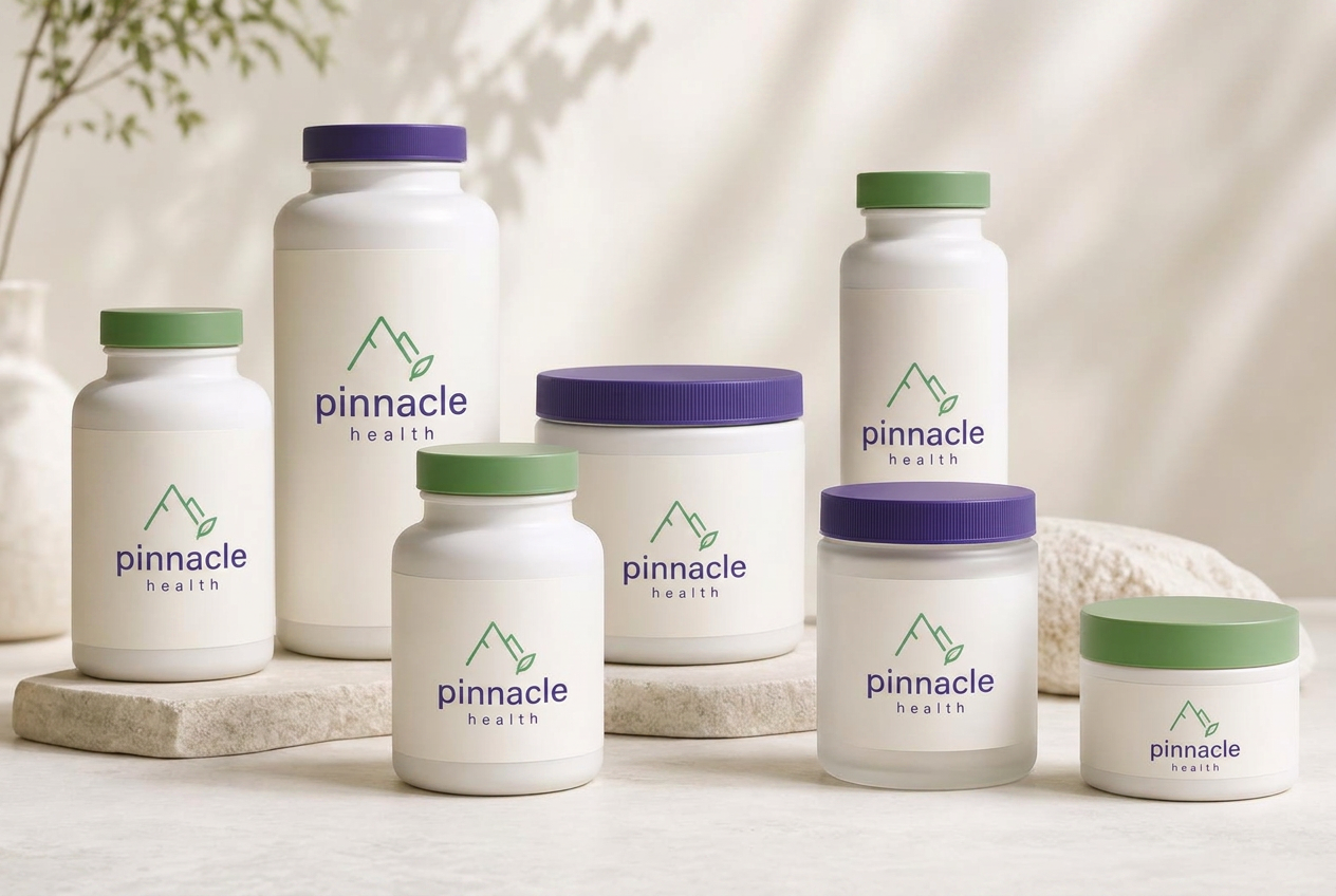 An assortment of Pinnacle Health supplement bottles and jars in different shapes and sizes on a light neutral surface